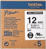 Brother HGE231V5 High Grade Labelling Tape Cassette 12mm x 8m Black on White Pack of 5