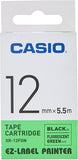 CASIO EZ Label Printer XR12FGN Fluorescent Label Tape Self Adhesive 12mm x 5.5m Black on Green