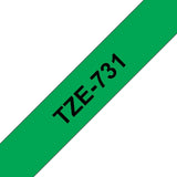 Brother TZE731 Labelling Tape 12mm Black On Green Small