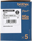 Brother HGE231V5 High Grade Labelling Tape Cassette 12mm x 8m Black on White Pack of 5