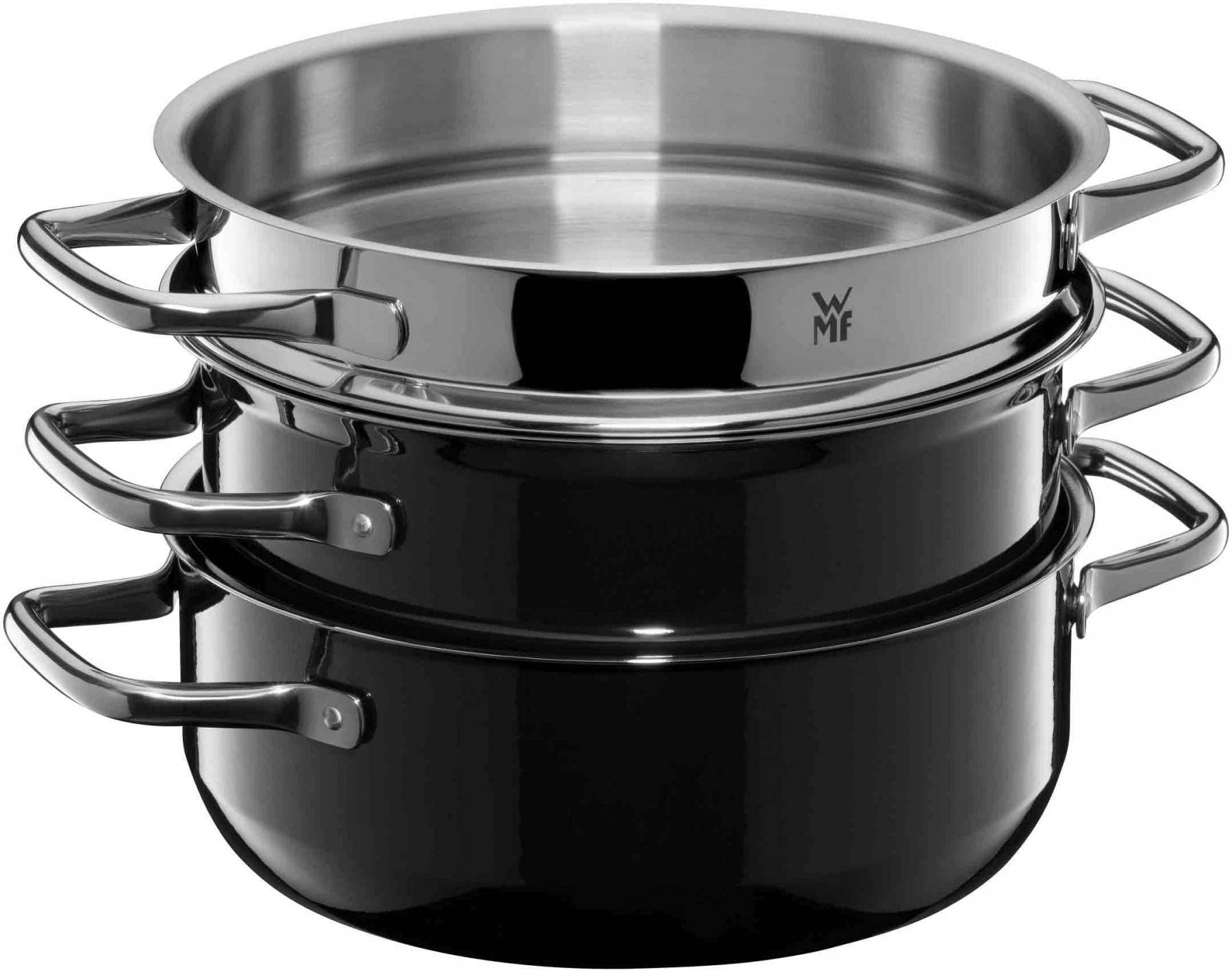 WMF Fusiontec Compact Induction Pot Set, 3-Piece Saucepan Set, Steamer, Glass Lid, Polished Cromargan Stainless Steel, Stackable Pots Set, Black