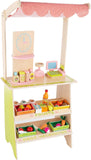 Hey! Play! Kids Fresh Market Selling Stand– Wooden Grocery Store Playset with Toy Cash Register, Pretend Credit Card and 31 Food Accessories