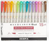 Zebra Pen Mildliner Double Ended Brush and Fine Tip Pen, Assorted Colors, 15-Count,79115