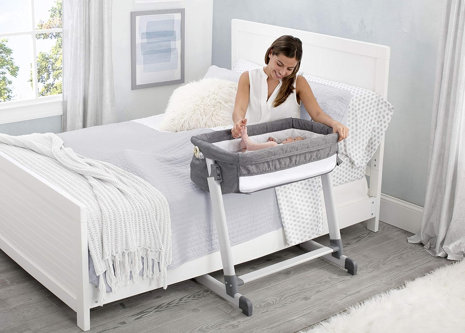 Simmons Kids By The Bed City Sleeper Bassinet - Adjustable Height Portable Crib with Wheels & Airflow Mesh, Grey Tweed