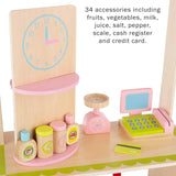 Hey! Play! Kids Fresh Market Selling Stand– Wooden Grocery Store Playset with Toy Cash Register, Pretend Credit Card and 31 Food Accessories