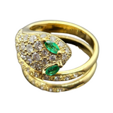 18K Yellow Gold Diamond & Emerald Ring In Snake Design