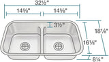 MR Direct 512-16 Stainless Steel Undermount 32-1/2 in. Double Bowl Kitchen Sink, 16 Gauge