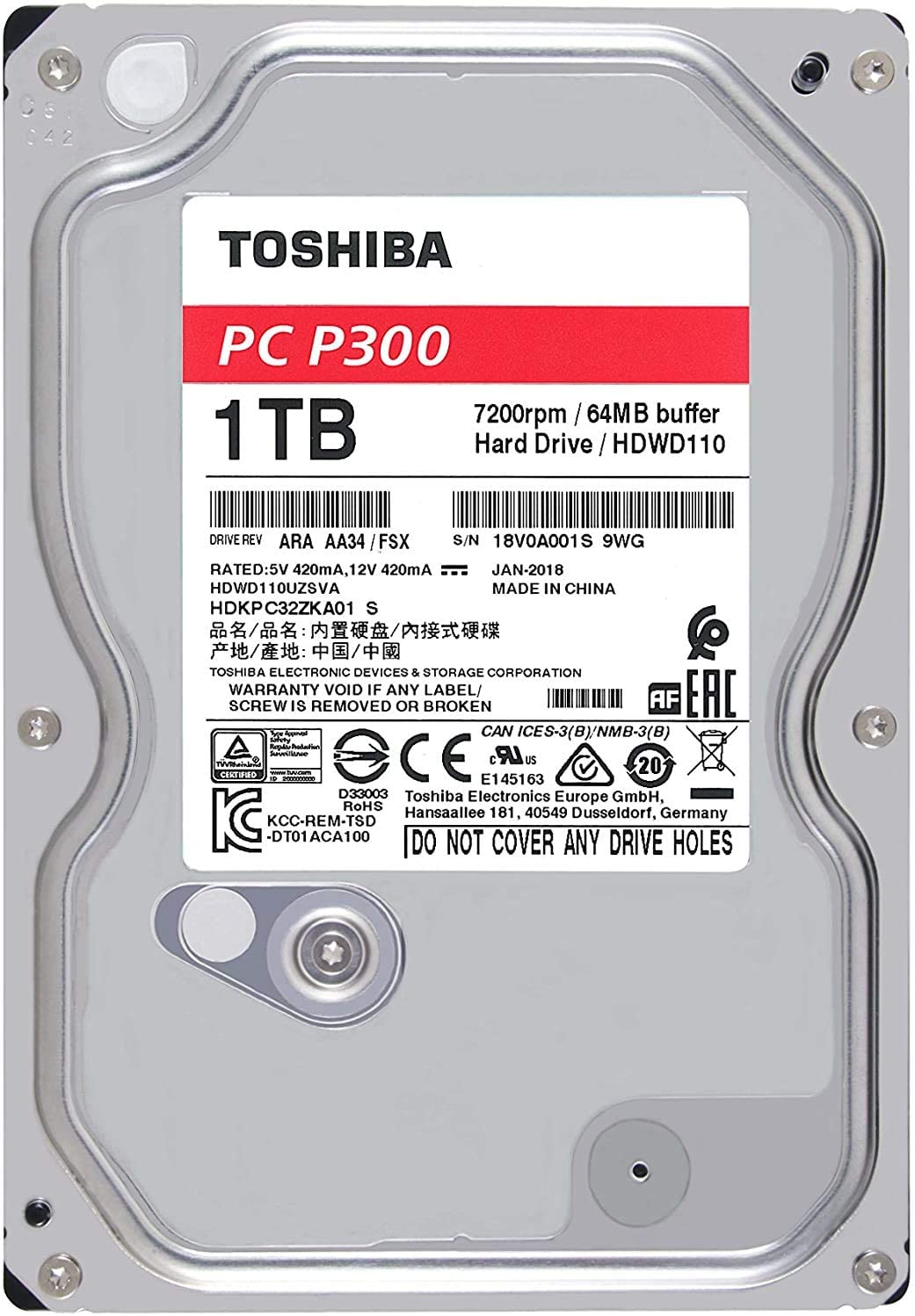 Toshiba P300 SATA, 7200rpm 64 MB Buffer 3.5 inch Form Factor Laptop PC Internal Hard Drive 1TB